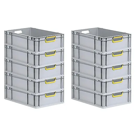 SparSet 10x Eurobox NextGen Color | HxBxT 17x40x60cm | 34 Liter | Griffe gelb offen | Glatter Boden | Grau | Eurobehälter, Transportbox, Transportbehälter, Stapelbehälter