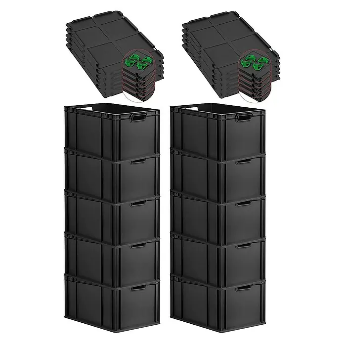 Proregal Euroboxen-Set 10x Eurobox NextGen Grip mit Auflagedeckel inkl. 4 grünen Verschlüssen - L x B x H: 60 x 40 x 32 cm, Kunststoff, Schwarz, 10 Stk. - Stapelbare schwarze Kunststoffboxen, ideal zur Aufbewahrung und Organisation. Inklusive Deckel und praktischen Tragegriffen.