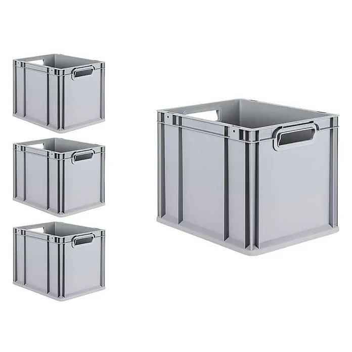 Proregal Euroboxen-Set 4x Eurobox NextGen Economy mit Scharnierdeckel und grünen Verschlüssen - Kunststoff, Grau, 4 Stk. - Bild von vier grauen Euroboxen, die robust und stapelbar sind, ideal für Lagerung und Transport. Sie bieten praktische Griffe für einfaches Handling.
