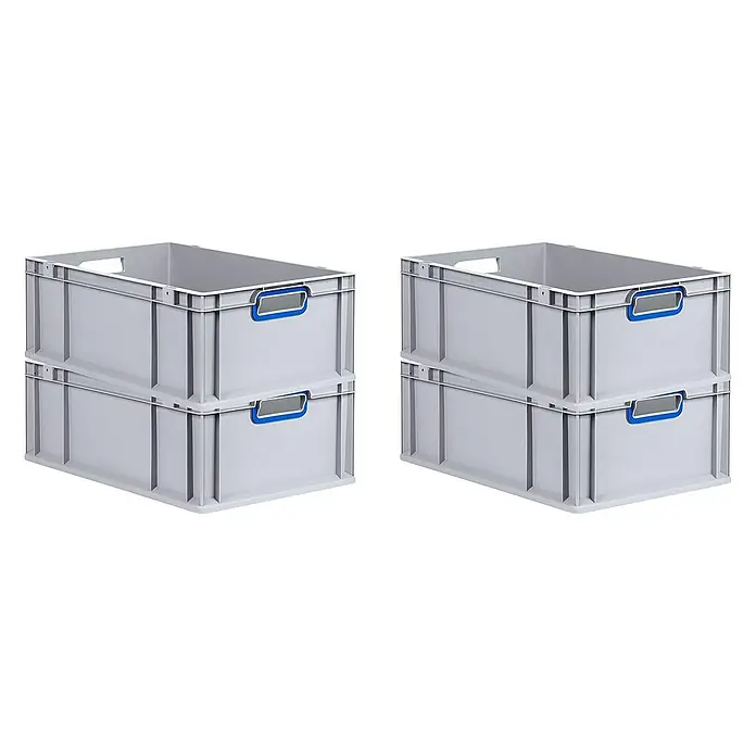 Proregal Euroboxen-Set 4x Eurobox NextGen Color - L x B x H: 60 x 40 x 22 cm, Kunststoff, Grau, Blau, 4 Stk. - Zwei Stapel grauer Kunststoffbehälter mit blauen Griffen, die eine praktische und organisierte Aufbewahrungslösung bieten.