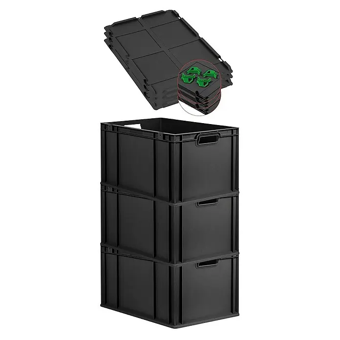 Proregal Euroboxen-Set 3x Eurobox NextGen Grip mit Auflagedeckel inkl. 4 grünen Verschlüssen - L x B x H: 60 x 40 x 32 cm, Kunststoff, Schwarz, 3 Stk. - Gestapelte, leere schwarze Aufbewahrungsbehälter aus Kunststoff mit Tragegriffen, die als Lager- oder Organisationslösung dienen.