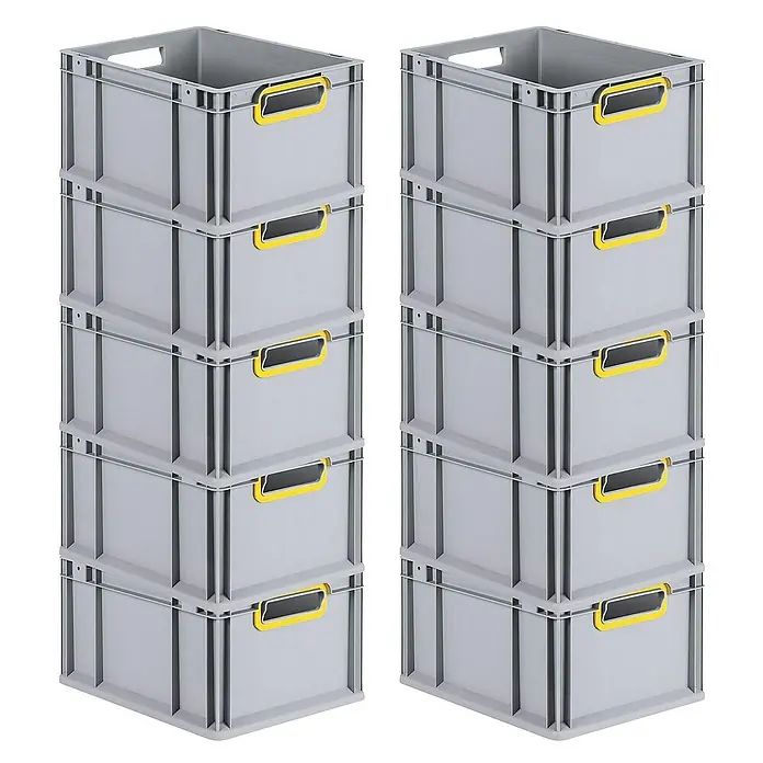 SparSet 10x Eurobox NextGen Color | HxBxT 22x30x40cm | 20 Liter | Griffe gelb offen | Glatter Boden | Grau | Eurobehälter, Transportbox, Transportbehälter, Stapelbehälter -  - Zwei Stapel grauer Kunststoffbehälter mit gelben Griffen, ideal für Lagerung und Organisation.