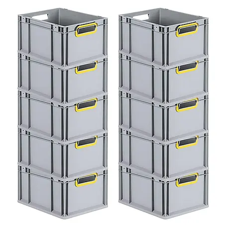 SparSet 10x Eurobox NextGen Color | HxBxT 22x30x40cm | 20 Liter | Griffe gelb offen | Glatter Boden | Grau | Eurobehälter, Transportbox, Transportbehälter, Stapelbehälter