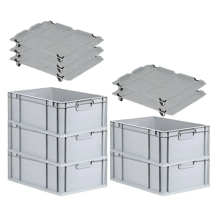 Proregal Euroboxen-Set 5x Eurobox NextGen Economy mit Auflagedeckel und 4x Verschlüsse Schwarz - Kunststoff, Grau, 5 Stk. - Ein Stapel grauer Kunststoffbehälter mit praktischen Griffen und ein Stapel Rollbretter für den einfachen Transport.