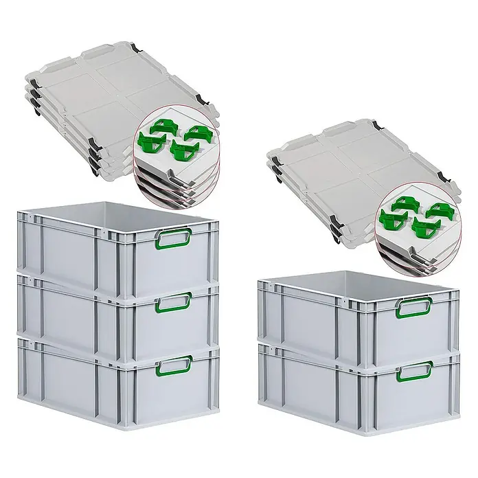 Proregal Euroboxen-Set 5x Eurobox NextGen Color mit Auflagedeckel und Schiebeschnappverschlüsse - L x B x H: 60 x 40 x 22 cm, Kunststoff, Grau, Grün, 5 Stk. - Stapelbare, graue Euroboxen mit Deckel und grünen Griffen, ideal für Lagerung und Transport. Praktisch und robust.