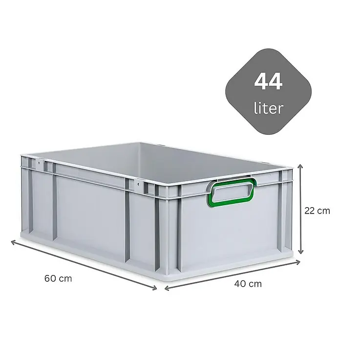 Proregal Euroboxen-Set 5x Eurobox NextGen Color mit Auflagedeckel und Schiebeschnappverschlüsse - L x B x H: 60 x 40 x 22 cm, Kunststoff, Grau, Grün, 5 Stk. - Produktabbildung eines hellgrauen Kunststoffbehälters mit den Maßen 60 x 40 x 22 cm und einem Volumen von 44 Litern.