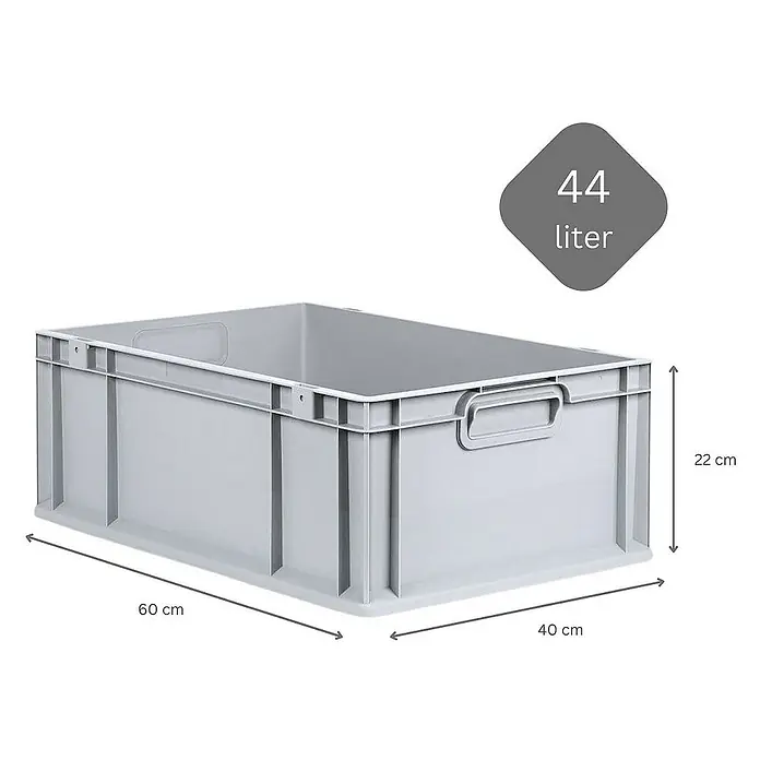 Proregal Euroboxen-Set 5x Eurobox NextGen Economy mit Auflagedeckel und 4x Verschlüsse Schwarz - Kunststoff, Grau, 5 Stk. - Bild einer grauen 44-Liter-Kunststoffbox mit den Maßen 60x40x22 cm, ideal für Lagerung und Organisation.