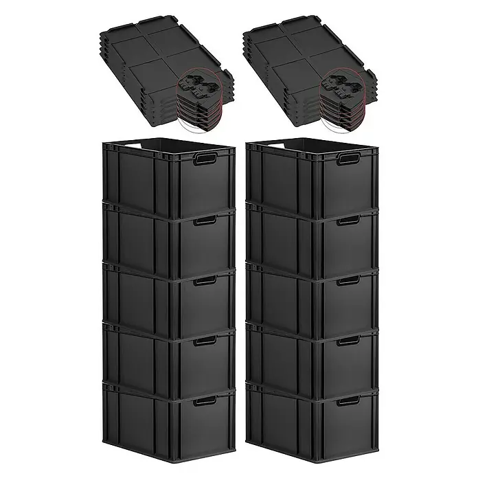 Proregal Euroboxen-Set 10x Eurobox NextGen Color mit Scharnierdeckel und Verschlüssen - Kunststoff, Schwarz, Schwarz, 10 Stk. - Schwarze Aufbewahrungsboxen und passende Deckel, ideal für die Organisation von Artikeln im Haus, Büro oder Lager. Praktisch stapelbar.