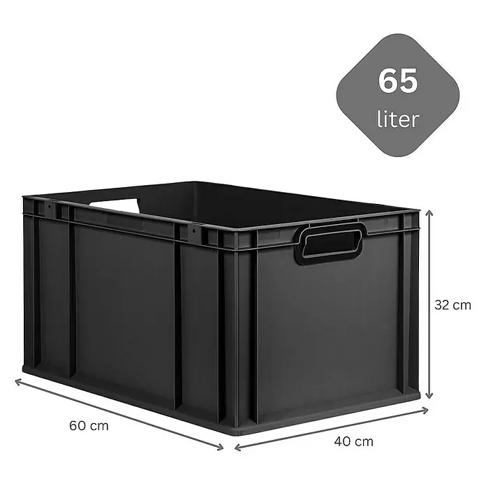 Proregal Euroboxen-Set 10x Eurobox NextGen Color mit Scharnierdeckel und Verschlüssen - Kunststoff, Schwarz, Schwarz, 10 Stk. - Bild einer schwarzen 65-Liter-Kunststoffbox mit den Maßen 60x40x32 cm. Ideal für Lagerung und Transport.