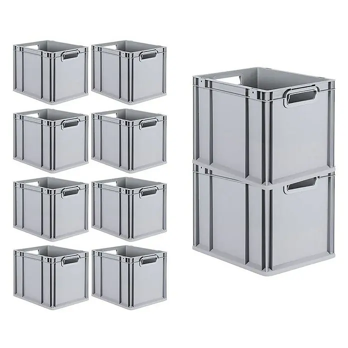 Proregal Euroboxen-Set 10x Eurobox NextGen Grip mit Scharnierdeckel und schwarzen Verschlüssen - Kunststoff, Grau, 10 Stk. - Abbildung von hellgrauen Kunststoffboxen, einige stehen einzeln und andere sind gestapelt. Sie bieten eine robuste Aufbewahrungslösung.