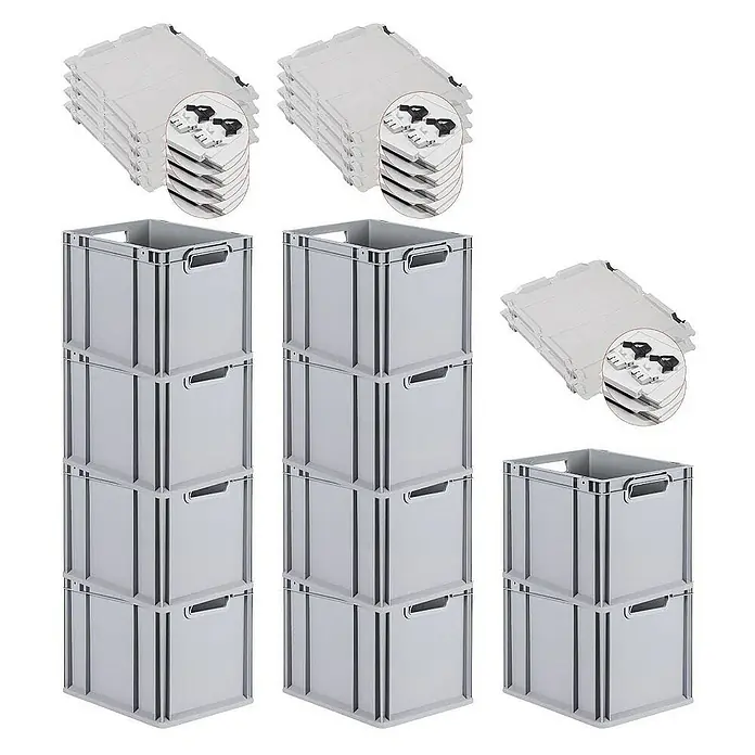 Proregal Euroboxen-Set 10x Eurobox NextGen Grip mit Scharnierdeckel und schwarzen Verschlüssen - Kunststoff, Grau, 10 Stk. - Mehrere graue Stapelboxen und Deckel sind in einer Produktaufnahme für eine E-Commerce-Seite zu sehen.