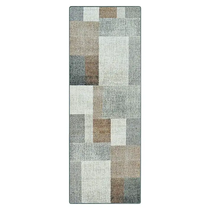 Teppichläufer Lucano - Braun, 200 x 80 cm, 100 % Polyamid - Ein Teppich mit einem modernen Patchwork-Design in verschiedenen Braun- und Grautönen, ideal für Wohnzimmer oder Schlafzimmer.