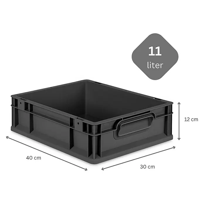 Proregal Euroboxen-Set 4x Eurobox NextGen Grip mit Auflagedeckel inkl. 4 blauen Verschlüssen - Kunststoff, Schwarz, 4 Stk. - Abbildung einer grauen 11-Liter-Kunststoffbox mit Abmessungen für Lagerung und Organisation.