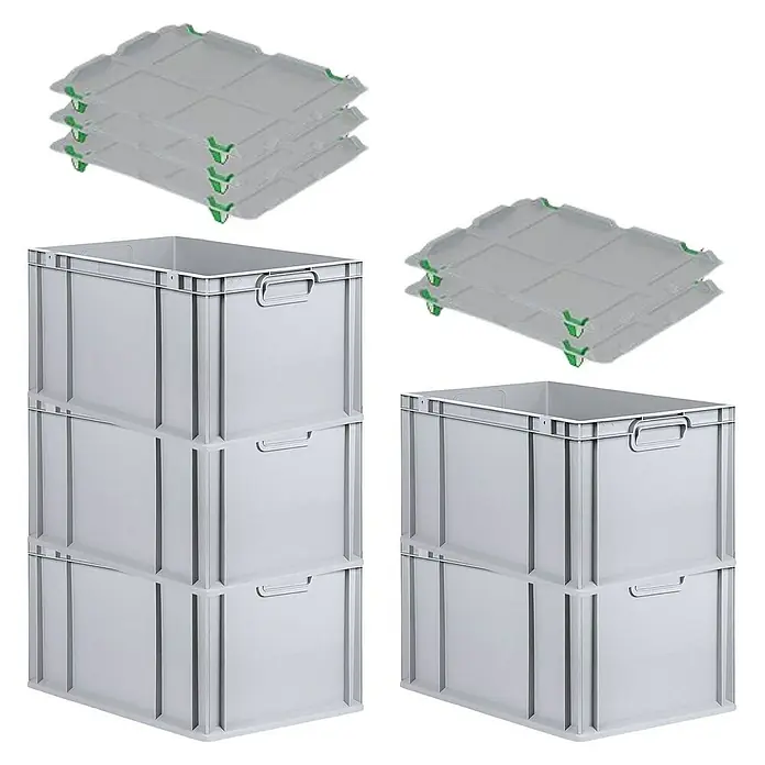 Proregal Euroboxen-Set 5x Eurobox NextGen Grip mit Auflagedeckel inkl. 4 grünen Verschlüssen - L x B x H: 60 x 40 x 32 cm, Kunststoff, Grau, 5 Stk. - Graue Kunststoffbehälter mit Deckeln, gestapelt und bereit für den Einsatz in Lager und Logistik.