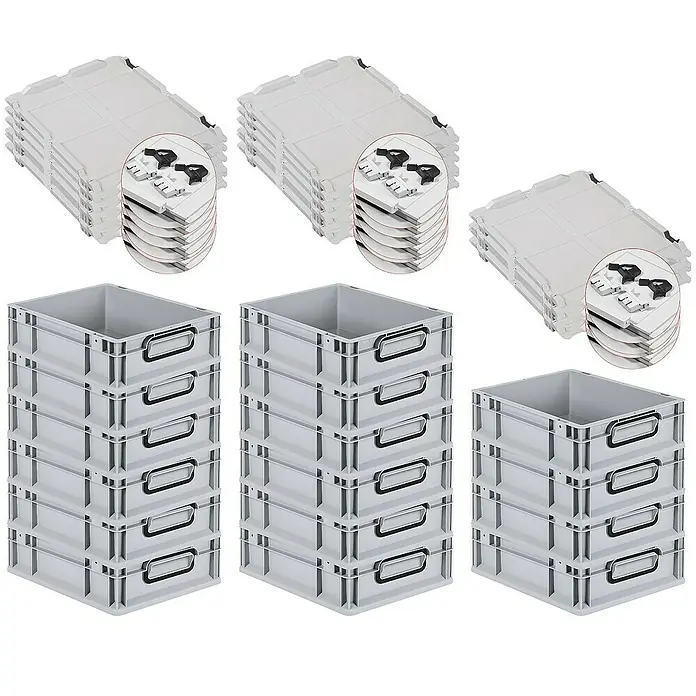 Proregal Euroboxen-Set 16x Eurobox NextGen Color mit Scharnierdeckel und Verschlüssen - L x B x H: 40 x 30 x 12 cm, Kunststoff, Grau, Schwarz, 16 Stk. - Produktbild: Stapelbare, graue Lagerkästen mit Griffen und dazugehörigen Deckeln im Set für eine ordentliche Lagerung.