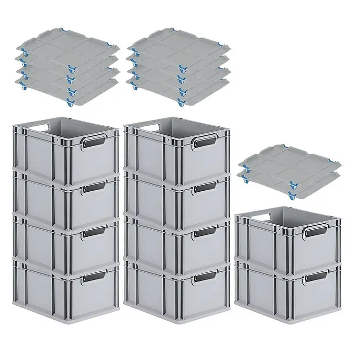 SparSet 10x Eurobox NextGen Economy mit Auflagedeckel und 4x Schiebeschnappverschlüsse Blau | Griffe offen | HxBxT 22x30x40cm | 20 Liter | Eurobehälter, Transportbox, Transportbehälter, Stapelbehälter -  - Bild zeigt eine Anordnung von grauen Kunststoffboxen und passenden Deckeln, die sich ideal für Lagerung und Organisation eignen.