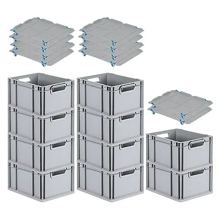 SparSet 10x Eurobox NextGen Economy mit Auflagedeckel und 4x Schiebeschnappverschlüsse Blau | Griffe offen | HxBxT 22x30x40cm | 20 Liter | Eurobehälter, Transportbox, Transportbehälter, Stapelbehälter