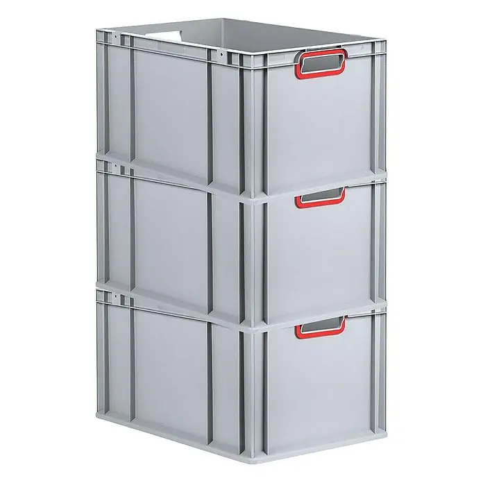 Proregal Euroboxen-Set 3x Eurobox NextGen Color - L x B x H: 60 x 40 x 32 cm, Kunststoff, Grau, Rot, 3 Stk. - Drei übereinander gestapelte graue Lagerkisten mit roten Griffen für Lagerung und Transport.