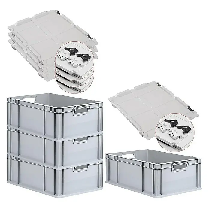 Proregal Euroboxen-Set 4x Eurobox NextGen Economy mit Scharnierdeckel und schwarzen Verschlüssen - L x B x H: 60 x 40 x 22 cm, Kunststoff, Grau, 4 Stk. - Ein Stapel grauer Industriekisten und dazugehörige Deckel mit schwarzen Verschlüssen. Ideal für Lagerung und Transport.