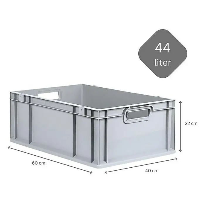 Proregal Euroboxen-Set 4x Eurobox NextGen Economy mit Scharnierdeckel und schwarzen Verschlüssen - L x B x H: 60 x 40 x 22 cm, Kunststoff, Grau, 4 Stk. - Abbildung einer grauen 44-Liter-Lagerkiste mit Maßangaben.