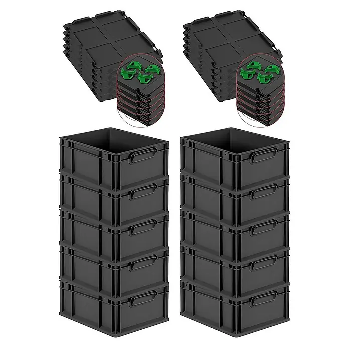 Proregal Euroboxen-Set 10x Eurobox NextGen Grip mit Auflagedeckel inkl. 4 grünen Verschlüssen - L x B x H: 40 x 30 x 17 cm, Kunststoff, Schwarz, 10 Stk. - Eine Nahaufnahme von mehreren schwarzen Stapelboxen und Deckeln. Ideal für die Organisation von Werkzeugen, Spielzeug oder als Lagerbehälter.
