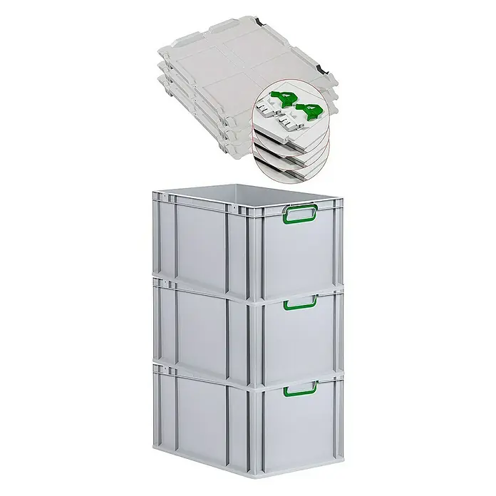 Proregal Euroboxen-Set 3x Eurobox NextGen Color mit Scharnierdeckel und Verschlüssen - L x B x H: 60 x 40 x 32 cm, Kunststoff, Grau, Grün, 3 Stk. - Bild von drei übereinander gestapelten grauen Kunststoffbehältern mit grünen Griffen und weißen Deckeln oben.