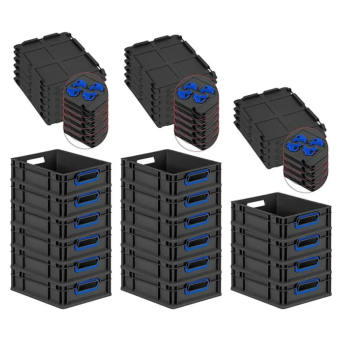 Proregal Euroboxen-Set 16x Eurobox NextGen Color mit Auflagedeckel und Schiebeschnappverschlüsse - L x B x H: 40 x 30 x 12 cm, Kunststoff, Schwarz, Blau, 16 Stk. - Ein Stapel von drei schwarzen Kunststoffbehältern mit blauen Griffen und Deckeln zum Aufbewahren und Organisieren von Gegenständen.