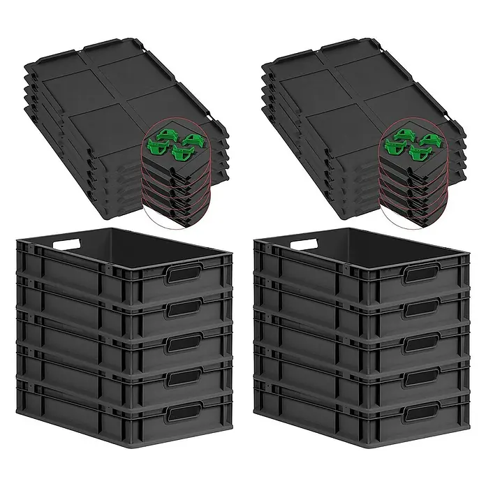 Proregal Euroboxen-Set 10x Eurobox NextGen Grip mit Auflagedeckel inkl. 4 grünen Verschlüssen - L x B x H: 60 x 40 x 12 cm, Kunststoff, Schwarz, 10 Stk. - Das Bild zeigt zwei Stapel von schwarzen Kunststoffbehältern und zwei Stapel von schwarzen Deckeln, die für die Aufbewahrung und den Transport von Gegenständen geeignet sind.