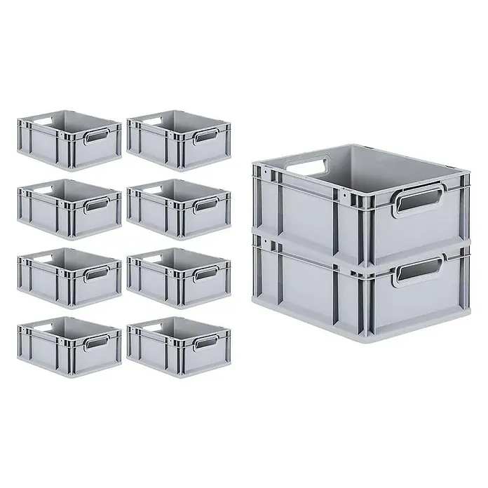 Proregal Euroboxen-Set 10x Eurobox NextGen Economy mit Scharnierdeckel und blauen Verschlüssen - L x B x H: 40 x 30 x 17 cm, Kunststoff, Grau, 10 Stk. - Ein Foto von mehreren grauen Aufbewahrungsboxen aus Kunststoff. Die Boxen sind leer und haben Griffe an den Seiten.