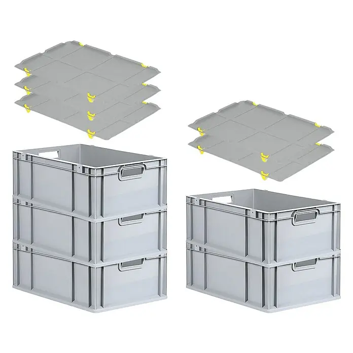 Proregal Euroboxen-Set 5x Eurobox NextGen Economy mit Auflagedeckel und 4x Verschlüsse Gelb - L x B x H: 60 x 40 x 22 cm, Kunststoff, Grau, 5 Stk. - Graue Kunststoffbehälter mit Deckeln. Diese robusten und stapelbaren Boxen sind ideal für Lagerung und Transport.