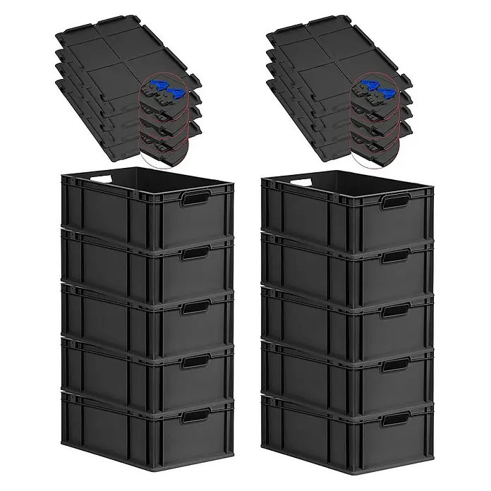 Proregal Euroboxen-Set 10x Eurobox NextGen Grip mit Scharnierdeckel und blauen Verschlüssen - L x B x H: 60 x 40 x 22 cm, Kunststoff, Schwarz, 10 Stk. - Schwarze Kunststoffboxen mit dazugehörigen Deckeln, ideal für Lagerung und Organisation.