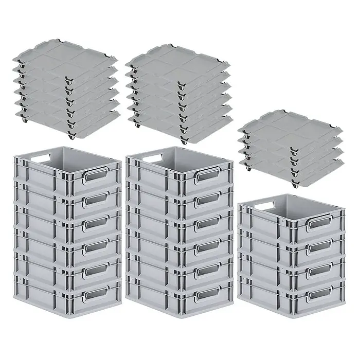 Proregal Euroboxen-Set 16x Eurobox NextGen Economy mit Auflagedeckel und 4x Verschlüsse Schwarz - Kunststoff, Grau, 16 Stk. - Gestapelte graue Kunststoffboxen und Deckel, ideal für Lagerung und Organisation.