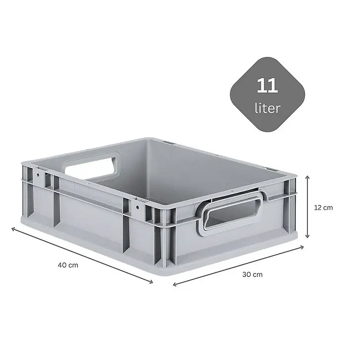 Proregal Euroboxen-Set 16x Eurobox NextGen Economy mit Auflagedeckel und 4x Verschlüsse Schwarz - Kunststoff, Grau, 16 Stk. - Graue 11-Liter-Kunststoffbox mit Griffen und Maßangaben (40x30x12 cm) für Lagerung und Transport.