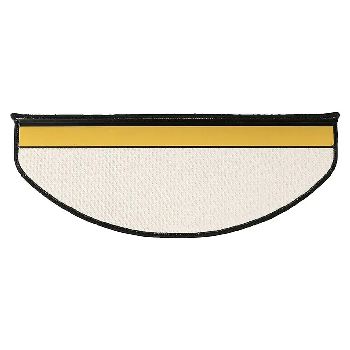 Stufenmatte Premium - 65 x 23,5 cm, 100 % Sisal, Schwarz - Das Bild zeigt einen Knieschutz mit einem gelben Streifen oben und einem weißen Bereich unten, umrandet mit schwarzem Stoff.