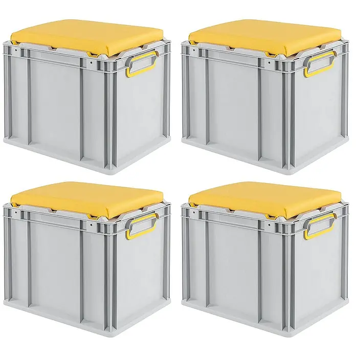 Proregal Euroboxen-Set 4x Eurobox NextGen Seat Box Gelb - L x B x H: 40 x 30 x 36,5 cm, Kunststoff, Grau, Gelb, 4 Stk. - Vier graue Aufbewahrungsboxen mit gelben Sitzkissen darauf. Ideal für die Organisation und als zusätzliche Sitzgelegenheit.