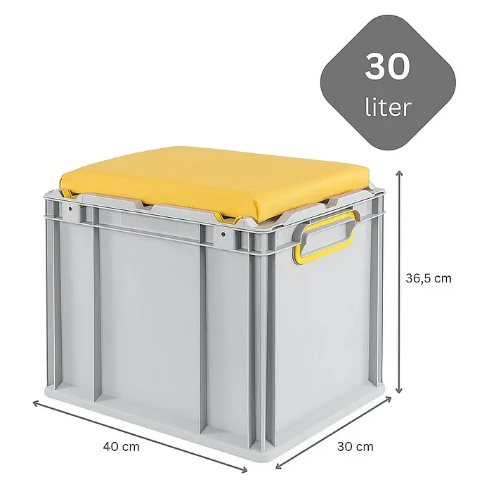 Proregal Euroboxen-Set 4x Eurobox NextGen Seat Box Gelb - L x B x H: 40 x 30 x 36,5 cm, Kunststoff, Grau, Gelb, 4 Stk. - Graue Aufbewahrungsbox mit gelbem Kissen, 30 Liter Fassungsvermögen und den Maßen 40 x 30 x 36,5 cm.