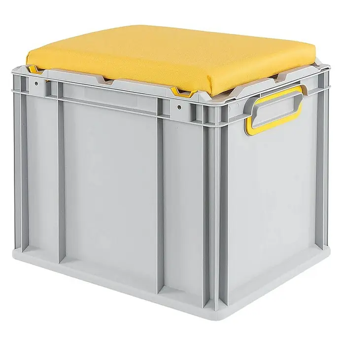 Proregal Euroboxen-Set 4x Eurobox NextGen Seat Box Gelb - L x B x H: 40 x 30 x 36,5 cm, Kunststoff, Grau, Gelb, 4 Stk. - Graue Aufbewahrungsbox mit gelbem Sitzkissen, ideal für Ordnung und Komfort. Das perfekte Möbelstück für jedes Zuhause.
