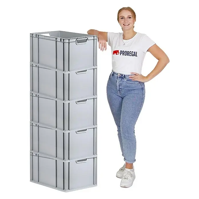 Proregal Euroboxen-Set 5x Eurobox NextGen Economy mit Auflagedeckel und 4x Verschlüsse Schwarz - Kunststoff, Grau, 5 Stk. - Eine Frau posiert neben einem Stapel grauer PROREGAL-Lagerkisten aus Kunststoff mit Griffmulden.