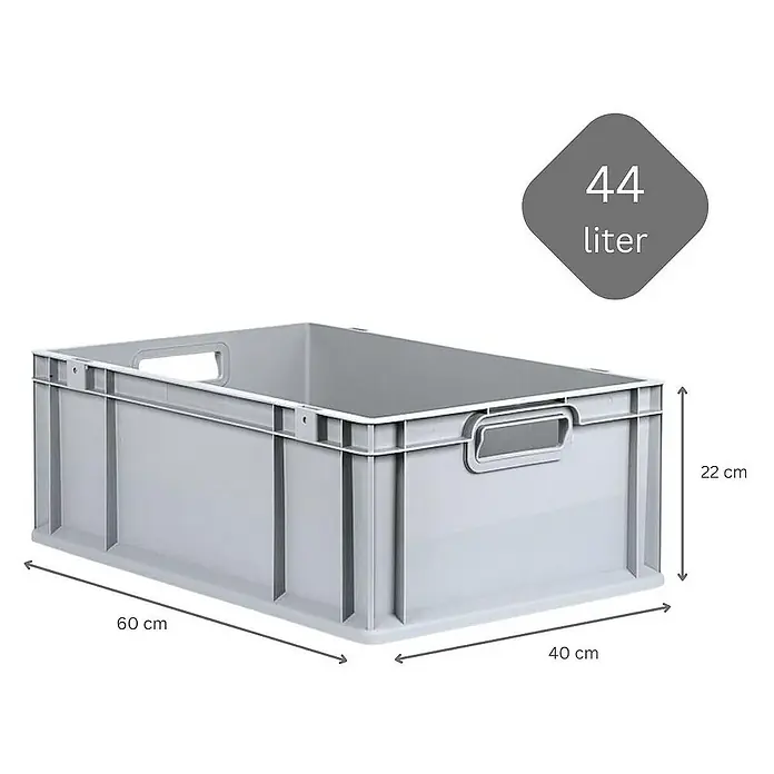 Proregal Euroboxen-Set 5x Eurobox NextGen Economy mit Auflagedeckel und 4x Verschlüsse Schwarz - Kunststoff, Grau, 5 Stk. - Bild eines grauen 44-Liter-Lagerbehälters aus Kunststoff mit Griffen und Größenangaben.