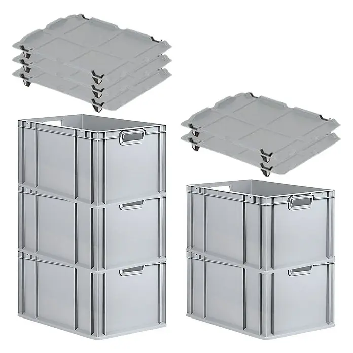 Proregal Euroboxen-Set 5x Eurobox NextGen Economy mit Auflagedeckel und 4x Verschlüsse Schwarz - Kunststoff, Grau, 5 Stk. - Abgebildet sind graue Stapelboxen und Rollwagen für den Transport und die Lagerung von Gegenständen. Praktische Helfer für Ordnung.