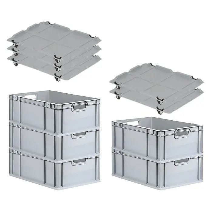 Proregal Euroboxen-Set 5x Eurobox NextGen Economy mit Auflagedeckel und 4x Verschlüsse Schwarz - Kunststoff, Grau, 5 Stk. - Graue Eurobehälter im Stapel mit passenden Rollbrettern.