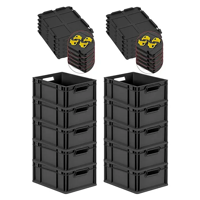 Proregal Euroboxen-Set 10x Eurobox NextGen Grip mit Scharnierdeckel und gelben Verschlüssen - L x B x H: 40 x 30 x 17 cm, Kunststoff, Schwarz, 10 Stk. - Ein Bild von zwei Stapeln schwarzer Lagerkisten und zwei Stapeln Deckel mit gelben Befestigungen.
