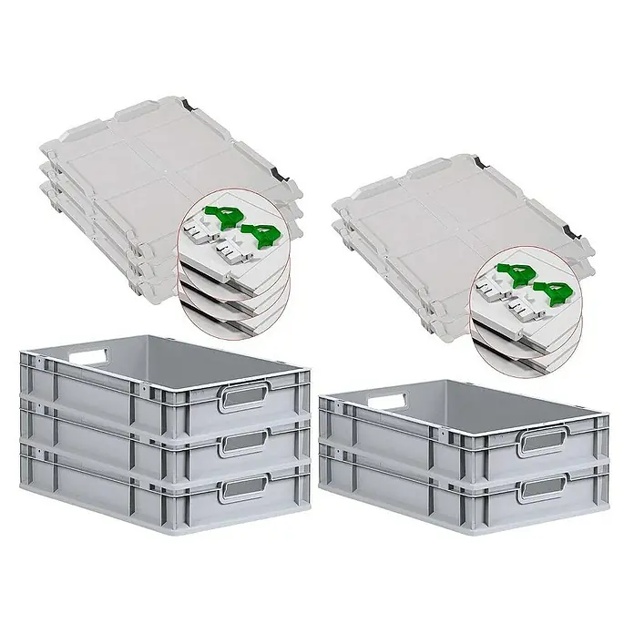 Proregal Euroboxen-Set 5x Eurobox NextGen Economy mit Scharnierdeckel und grünen Verschlüssen - L x B x H: 60 x 40 x 12 cm, Kunststoff, Grau, 5 Stk. - Stapelbare graue Kunststoffboxen mit Deckeln, ideal für Lagerung und Transport. Praktisch und robust für vielfältige Anwendungen.