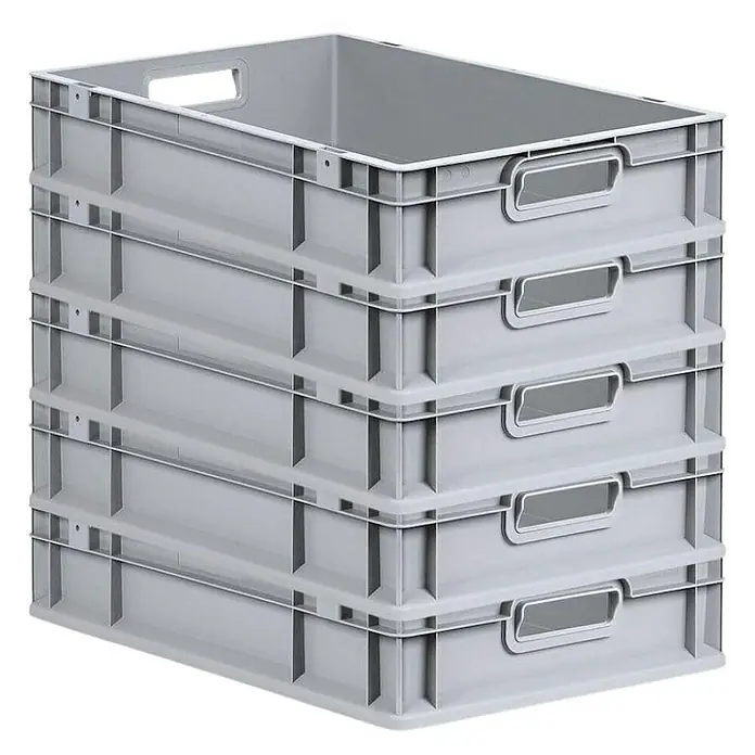 Proregal Euroboxen-Set 5x Eurobox NextGen Economy mit Scharnierdeckel und grünen Verschlüssen - L x B x H: 60 x 40 x 12 cm, Kunststoff, Grau, 5 Stk. - Stapelbare graue Kunststoffboxen im Fünferpack, ideal für Lagerung und Organisation. Robuste Konstruktion mit Griffen für einfachen Transport.