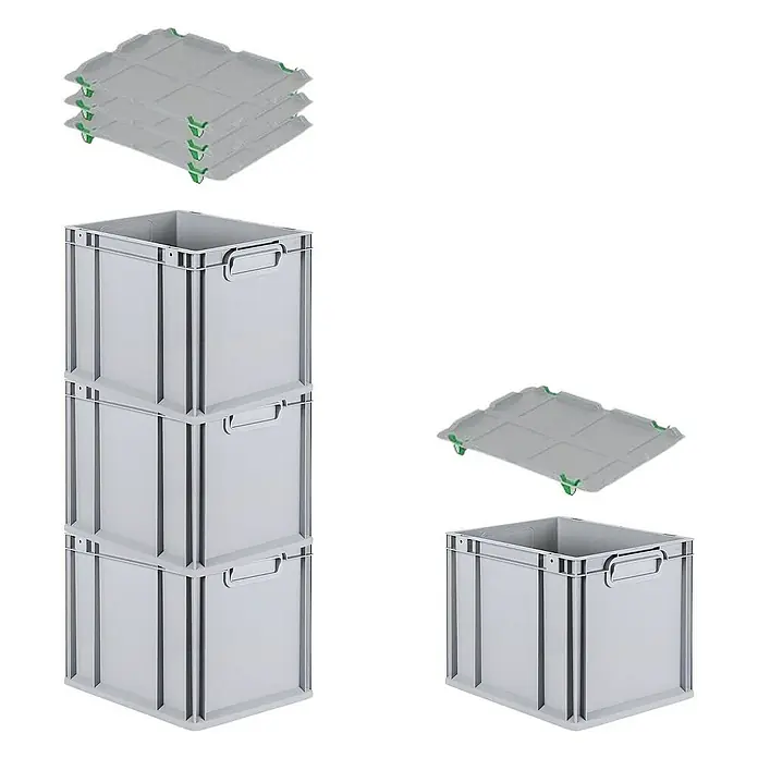 Proregal Euroboxen-Set 4x Eurobox NextGen Economy mit Auflagedeckel und 4x Verschlüsse Grün - Kunststoff, Grau, 4 Stk. - Graue Eurobehälter und Deckel, sowohl gestapelt als auch einzeln, mit praktischen Griffen für Lagerung und Transport.