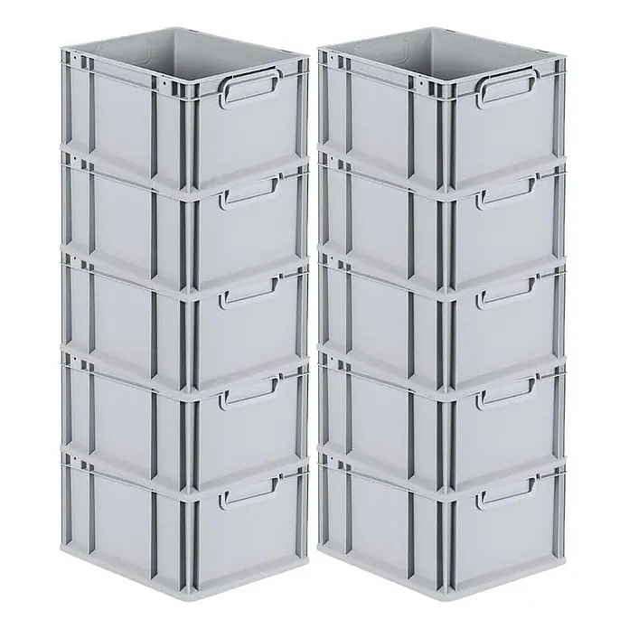 Proregal Euroboxen-Set 10x Eurobox NextGen Economy mit Scharnierdeckel und schwarzen Verschlüssen - L x B x H: 40 x 30 x 22 cm, Kunststoff, Grau, 10 Stk. - Zwei Stapel grauer Kunststoffbehälter, ideal zur Aufbewahrung und Organisation.