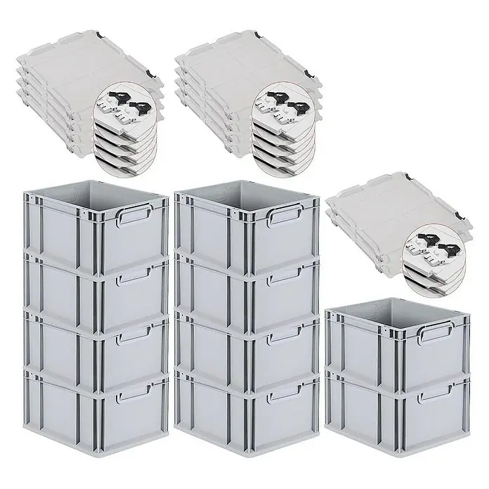 Proregal Euroboxen-Set 10x Eurobox NextGen Economy mit Scharnierdeckel und schwarzen Verschlüssen - L x B x H: 40 x 30 x 22 cm, Kunststoff, Grau, 10 Stk. - Das Bild zeigt eine Anordnung von grauen Lagerkisten und dazugehörigen Deckeln. Die Kisten sind in Stapeln angeordnet und die Deckel liegen daneben.