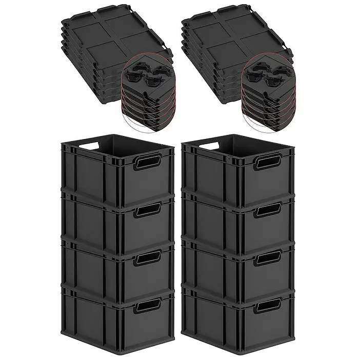 SuperSparSet 8x Eurobox NextGen Color mit Auflagedeckel und Schiebeschnappverschlüsse | HxBxT 22x30x40cm | 20 Liter | Schwarz | Griffe schwarz offen | Glatter Boden | Eurobehälter, Transportbox, Transportbehälter, Stapelbehälter -  - Bild von schwarzen Euroboxen mit Deckeln, ideal für Lagerung und Transport. Robuste Kunststoffbehälter für Ordnung und Schutz.