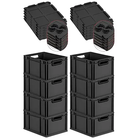 SuperSparSet 8x Eurobox NextGen Color mit Auflagedeckel und Schiebeschnappverschlüsse | HxBxT 22x30x40cm | 20 Liter | Schwarz | Griffe schwarz offen | Glatter Boden | Eurobehälter, Transportbox, Transportbehälter, Stapelbehälter