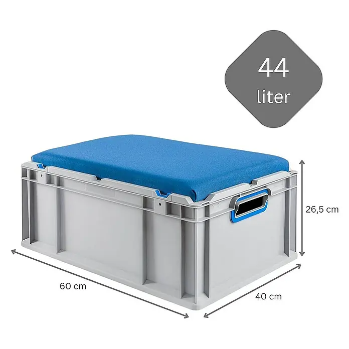 Proregal Euroboxen-Set 3x Eurobox NextGen Seat Box Blau - L x B x H: 60 x 40 x 26,5 cm, Kunststoff, Grau, Blau, 3 Stk. - Graue Kunststoffbox mit blauem Kissen, 44 Liter Fassungsvermögen und den Maßen 60x40x26,5 cm.